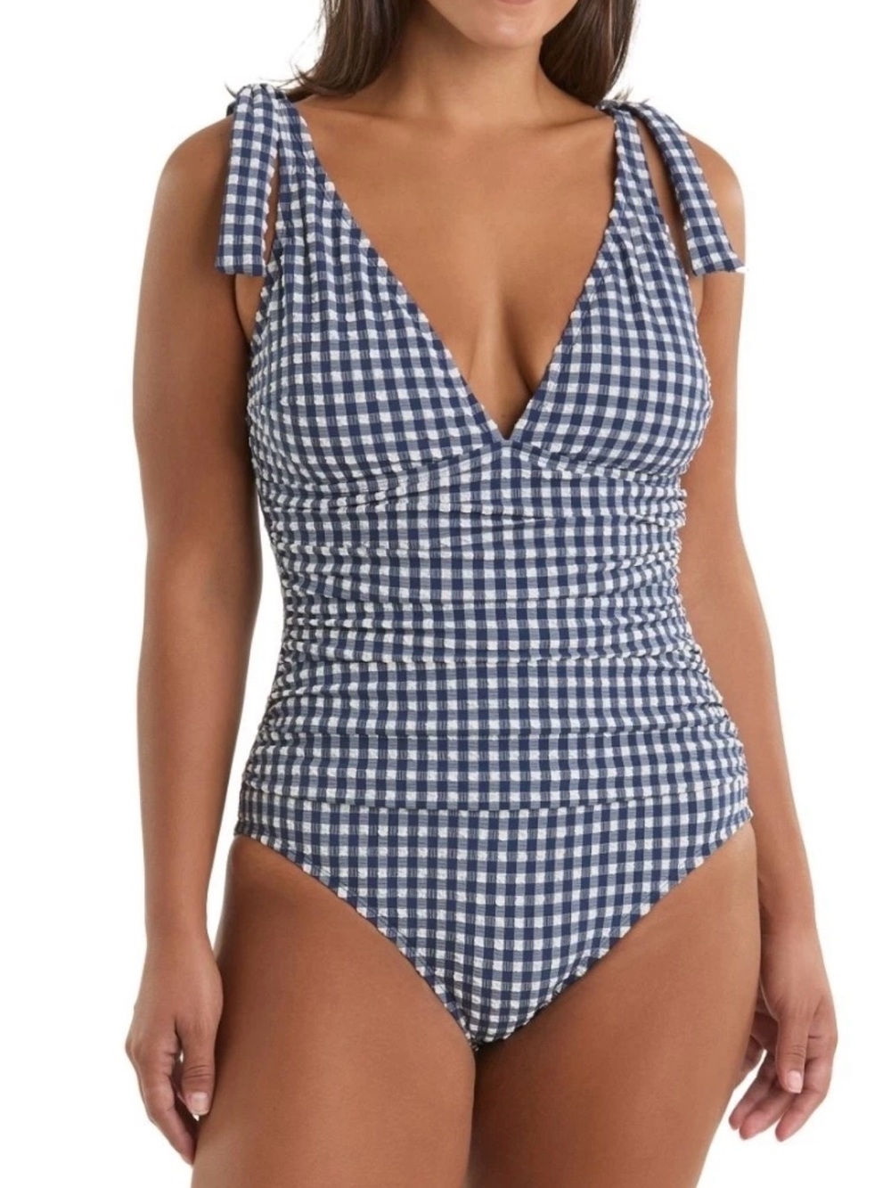 Ellen Tracy Navy and White Gingham One-Piece Swimsuit